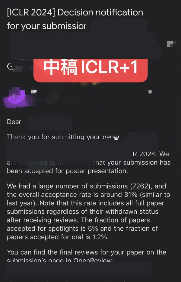 ThinkMind 学员 ICLR 2024 录用通知(已打码)